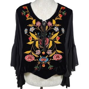 Ivy Jane Embroidered Velvet Boho Top M‎ Black Bell Sleeve Floral Festival Blouse